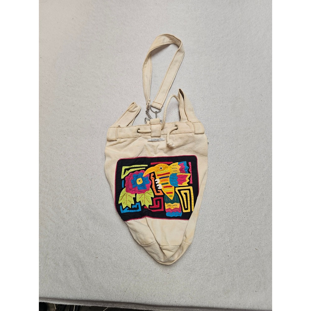Vintage Mola Art Canvas Bucket Bag Bird Floral Embroidery Drawstring Cream 15in
